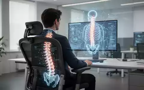 Eine Person sitzt in einem ergonomischen Bürostuhl und betrachtet eine holografische Wirbelsäule, die Technologie und Gesundheit verbindet. - Foto: über boerse-global.de