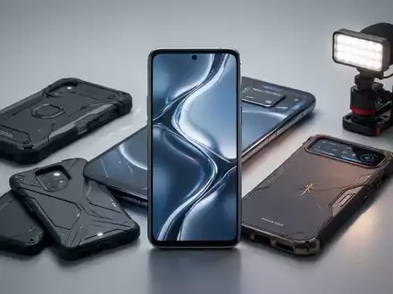 Ein modernes Smartphone umgeben von Zubehör wie robusten Hüllen, einer Hülle mit Bildschirm und einem Vlogging-Setup. - Foto: über boerse-global.de