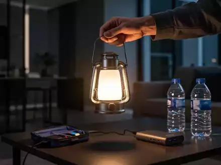 Eine Hand hält eine leuchtende LED-Laterne in einem dunklen Raum, mit Notfallausrüstung im Hintergrund, symbolisiert Blackout-Vorsorge. - Foto: über boerse-global.de