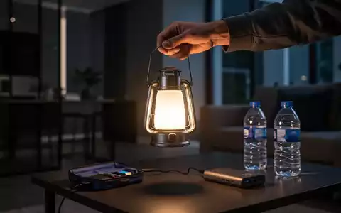 Eine Hand hält eine leuchtende LED-Laterne in einem dunklen Raum, mit Notfallausrüstung im Hintergrund, symbolisiert Blackout-Vorsorge. - Foto: über boerse-global.de