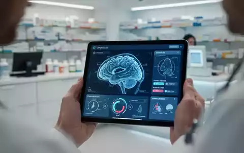 Nahaufnahme eines Tablets mit einer Gehirnscan- oder kognitiven Testoberfläche, gehalten von Händen in einem medizinischen Umfeld. - Foto: über boerse-global.de