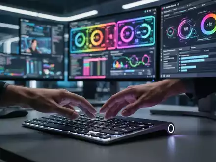Hand über einer Tastatur mit mehreren farblich gekennzeichneten Monitoren, die Systemmetriken und eine Bildschirmaufnahme-Oberfläche anzeigen. - Foto: über boerse-global.de