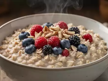 Eine Nahaufnahme einer Schüssel mit gekochtem Haferbrei, garniert mit frischen Beeren und Nüssen, mit leicht aufsteigendem Dampf. - Foto: über boerse-global.de