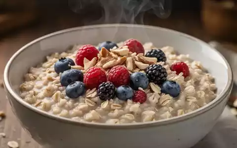 Eine Nahaufnahme einer Schüssel mit gekochtem Haferbrei, garniert mit frischen Beeren und Nüssen, mit leicht aufsteigendem Dampf. - Foto: über boerse-global.de