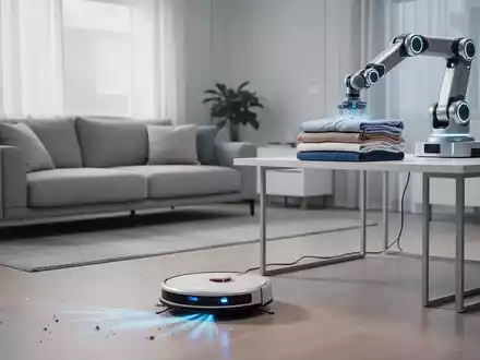 Ein moderner, sauberer Wohnraum mit einem Saugroboter auf dem Boden und einem Roboterarm, der Wäsche faltet, was Automatisierung im Haushalt symbolisiert. - Foto: über boerse-global.de