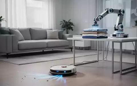 Ein moderner, sauberer Wohnraum mit einem Saugroboter auf dem Boden und einem Roboterarm, der Wäsche faltet, was Automatisierung im Haushalt symbolisiert. - Foto: über boerse-global.de