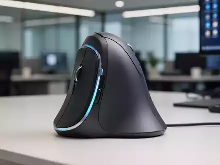 Eine ergonomische vertikale Computermaus auf einem modernen Schreibtisch in einem Büro. Fokus auf Design und Komfort. - Foto: über boerse-global.de