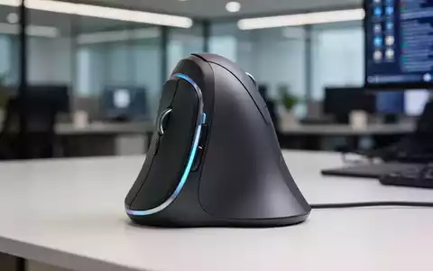 Eine ergonomische vertikale Computermaus auf einem modernen Schreibtisch in einem Büro. Fokus auf Design und Komfort. - Foto: über boerse-global.de