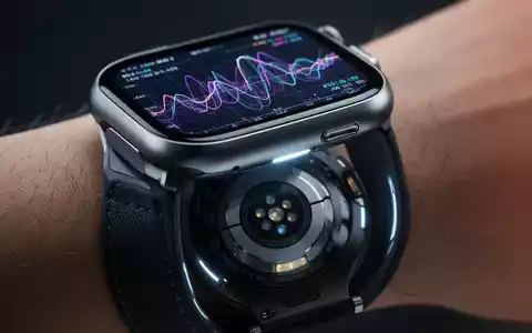 Nahaufnahme einer futuristischen Smartwatch am Handgelenk mit abstrakten Gesundheitsdaten. Schlichtes Design. - Foto: über boerse-global.de
