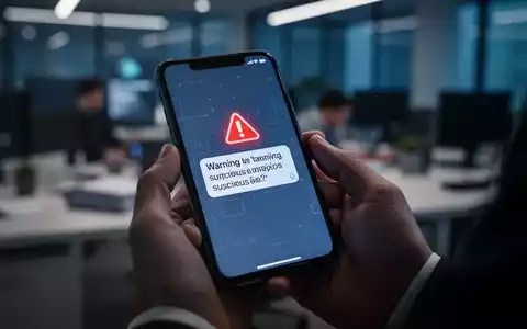 Ein Smartphone-Bildschirm zeigt eine Warnmeldung oder verdächtige SMS, gehalten von Händen in einem unscharfen Büroumfeld. - Foto: über boerse-global.de