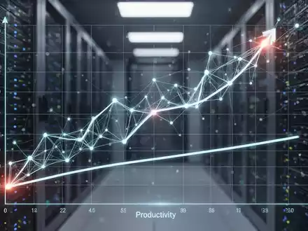 Glühendes neuronales Netz über Finanzcharts, steigende KI-Rechenkosten vs. stagnierende Produktivität. - Foto: über boerse-global.de