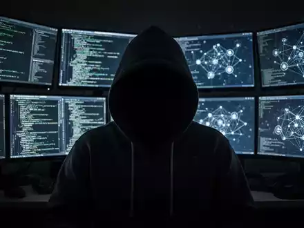 Verschwommene Gestalt in Kapuzenjacke vor leuchtenden Bildschirmen, anonyme Natur von Hacktivismus und Cyberbedrohungen darstellend. - Foto: über boerse-global.de