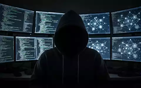 Verschwommene Gestalt in Kapuzenjacke vor leuchtenden Bildschirmen, anonyme Natur von Hacktivismus und Cyberbedrohungen darstellend. - Foto: über boerse-global.de