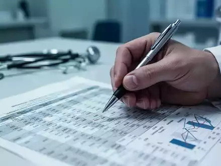 Eine Hand hält einen Stift über einem Finanzdokument mit Zahlen und Diagrammen, das Kürzungen im Gesundheitswesen symbolisiert. - Foto: über boerse-global.de