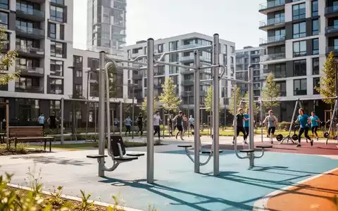 Moderne Outdoor-Fitnessgeräte in einem Park eines Neubaugebiets, umgeben von zeitgenössischen Wohngebäuden, mit sportlich aktiven Menschen. - Foto: über boerse-global.de