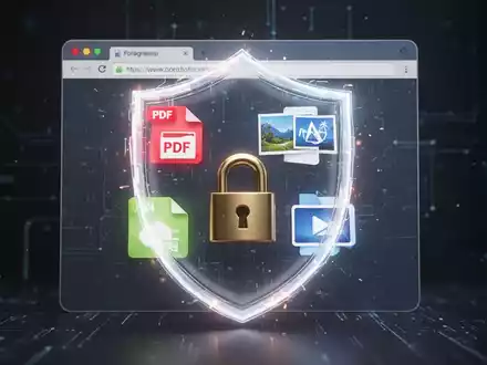 Leuchtendes Schild-Symbol über Browser-Oberfläche mit Datei-Icons und Vorhängeschloss, symbolisiert Privatsphäre und lokale Dateiverarbeitung. - Foto: über boerse-global.de