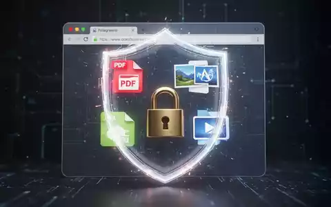 Leuchtendes Schild-Symbol über Browser-Oberfläche mit Datei-Icons und Vorhängeschloss, symbolisiert Privatsphäre und lokale Dateiverarbeitung. - Foto: über boerse-global.de