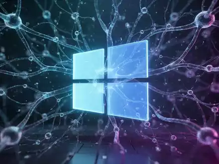 Stilisiertes Microsoft Windows-Logo in leuchtendem Blau, umgeben von abstrakten digitalen neuronalen Netzlinien, die KI-Integration und Software-Ökosystem darstellen. - Foto: über boerse-global.de