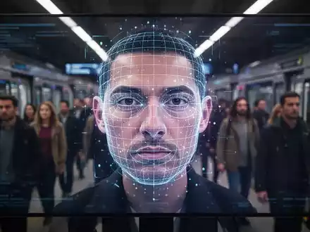 Ein stilisiertes, leuchtendes Gesichtserkennungsraster überlagert eine Menschenmenge in einem modernen Bahnhof, Symbol für digitale Überwachung. - Foto: über boerse-global.de
