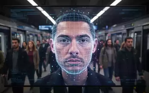 Ein stilisiertes, leuchtendes Gesichtserkennungsraster überlagert eine Menschenmenge in einem modernen Bahnhof, Symbol für digitale Überwachung. - Foto: über boerse-global.de