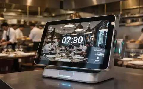 Nahaufnahme eines modernen Zeiterfassungsterminals mit verschwommenem Hintergrund einer Restaurantküche, das die Zeiterfassung in der Gastronomie darstellt. - Foto: über boerse-global.de