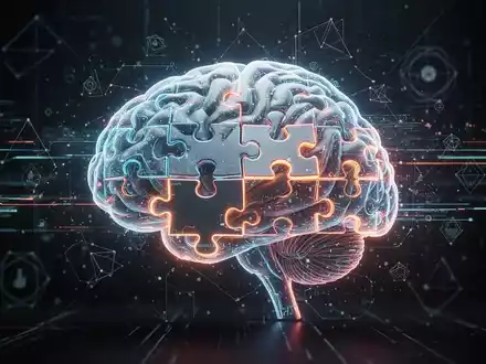 Ein stilisiertes Gehirn aus leuchtenden Puzzleteilen, umgeben von digitalen Datenströmen, symbolisiert kognitive Verbesserung durch Spiele. - Foto: über boerse-global.de