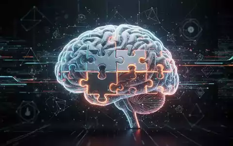 Ein stilisiertes Gehirn aus leuchtenden Puzzleteilen, umgeben von digitalen Datenströmen, symbolisiert kognitive Verbesserung durch Spiele. - Foto: über boerse-global.de
