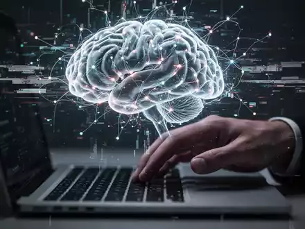 Stilisierte KI-Hirn mit digitalen Störungen und Hand über Laptop-Tastatur, symbolisiert KI-Arbeitsprobleme. - Foto: über boerse-global.de