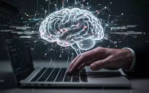 Stilisierte KI-Hirn mit digitalen Störungen und Hand über Laptop-Tastatur, symbolisiert KI-Arbeitsprobleme. - Foto: über boerse-global.de