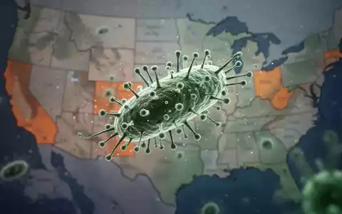 Ein stark vergrößerter, abstrakter Parasit Cyclospora cayetanensis vor einer unscharfen Karte der USA mit hervorgehobenen Staaten. - Foto: über boerse-global.de