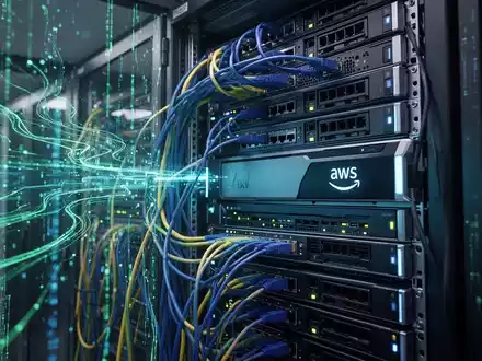 Moderner Serverraum mit blauen und grünen Datenströmen, betont fortschrittliche Cloud-Infrastruktur und Hochleistungsrechnen. - Foto: über boerse-global.de