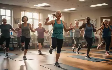 Eine vielfältige Gruppe von Erwachsenen nimmt an einem Fitnesskurs in einem Gemeindezentrum teil, der Bewegung und Wohlbefinden betont. - Foto: über boerse-global.de