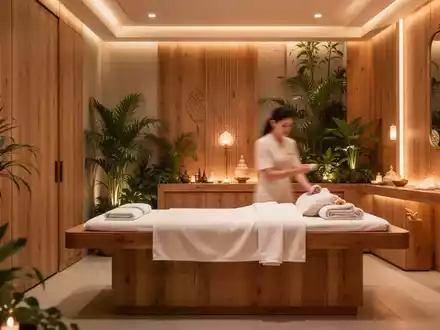 Ein ruhiger, moderner Spa-Behandlungsraum mit Holzakzenten und Grünpflanzen, der Entspannung und Wellness symbolisiert. - Foto: über boerse-global.de