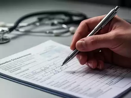 Eine Hand hält einen Stift über einem medizinischen Formular, mit verschwommenen medizinischen Instrumenten im Hintergrund. - Foto: über boerse-global.de