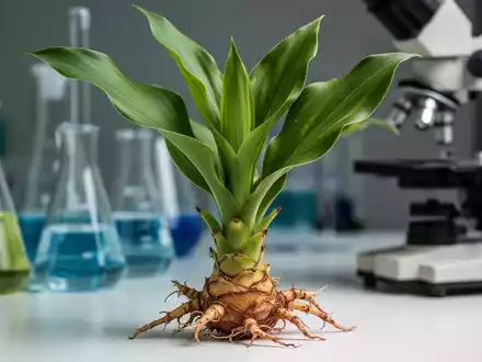 Nahaufnahme einer Curcuma kwangsiensis-Pflanze mit grünen Blättern und Rhizom, im Hintergrund unscharf Laborgeräte. - Foto: über boerse-global.de