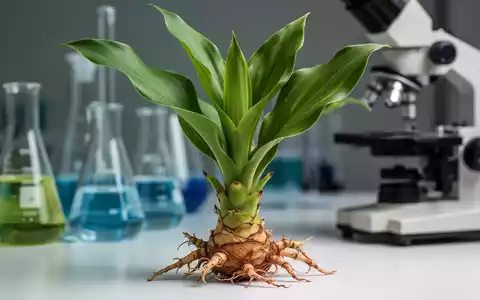 Nahaufnahme einer Curcuma kwangsiensis-Pflanze mit grünen Blättern und Rhizom, im Hintergrund unscharf Laborgeräte. - Foto: über boerse-global.de