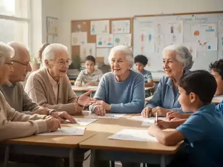 Senioren und junge Schüler interagieren während eines Gedächtnistrainings in einem hellen Klassenzimmer. - Foto: über boerse-global.de