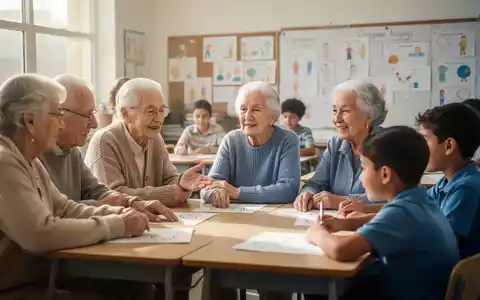 Senioren und junge Schüler interagieren während eines Gedächtnistrainings in einem hellen Klassenzimmer. - Foto: über boerse-global.de