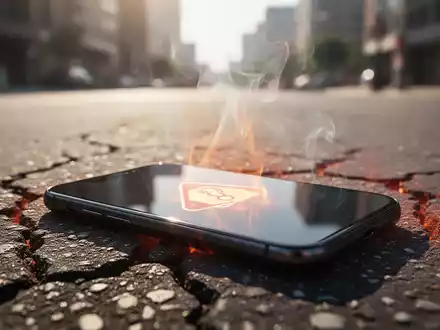 Ein Smartphone liegt auf heißem, rissigem Asphalt, mit sichtbaren Hitzewellen. Auf dem Bildschirm ist ein Warnsymbol zu sehen. - Foto: über boerse-global.de