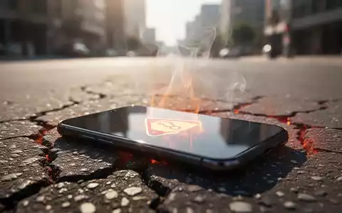Ein Smartphone liegt auf heißem, rissigem Asphalt, mit sichtbaren Hitzewellen. Auf dem Bildschirm ist ein Warnsymbol zu sehen. - Foto: über boerse-global.de
