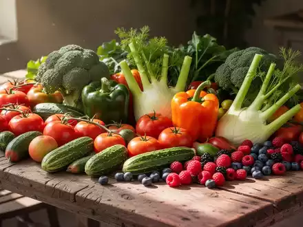 Ein rustikaler Holztisch mit einer Fülle von frischem, saisonalem Sommergemüse und -obst in leuchtenden Farben. - Foto: über boerse-global.de