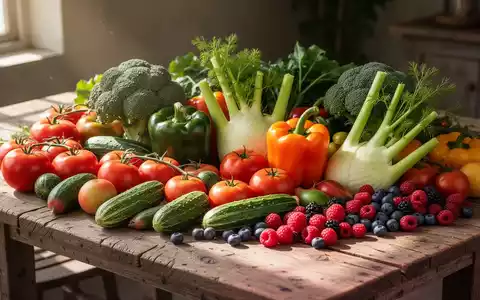 Ein rustikaler Holztisch mit einer Fülle von frischem, saisonalem Sommergemüse und -obst in leuchtenden Farben. - Foto: über boerse-global.de