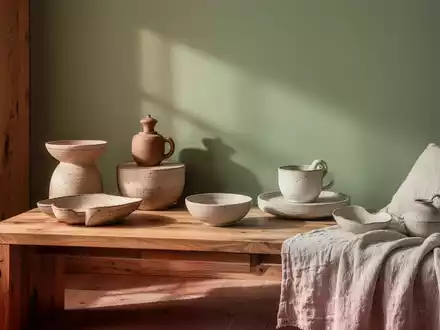 Ein stilisiertes Interieur im Japandi-Stil mit warmen Erdtönen, Naturholz, Keramik und Leinenstoffen. Eine salbeigrüne Wand im Hintergrund. - Foto: über boerse-global.de