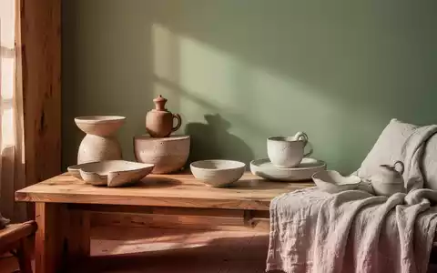 Ein stilisiertes Interieur im Japandi-Stil mit warmen Erdtönen, Naturholz, Keramik und Leinenstoffen. Eine salbeigrüne Wand im Hintergrund. - Foto: über boerse-global.de