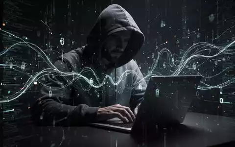 Eine Person im Kapuzenpullover tippt auf einem Laptop, umgeben von leuchtenden digitalen Linien, die KI-Cyberkriminalität symbolisieren. - Foto: über boerse-global.de