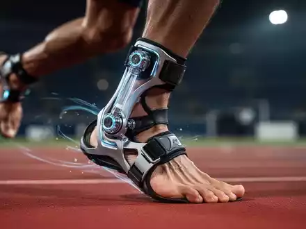 Nahaufnahme einer modernen, leichten Sprunggelenkbandage mit integrierter Mikrohydraulik an einem Fuß während einer dynamischen Bewegung. - Foto: über boerse-global.de