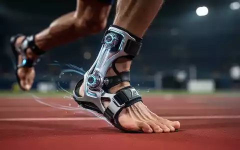 Nahaufnahme einer modernen, leichten Sprunggelenkbandage mit integrierter Mikrohydraulik an einem Fuß während einer dynamischen Bewegung. - Foto: über boerse-global.de