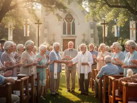 Senioren und Familien nehmen an einem sommerlichen Gottesdienst im Freien teil, umgeben von Bäumen und sanftem Sonnenlicht. - Foto: über boerse-global.de