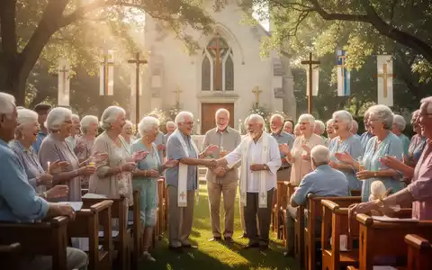Senioren und Familien nehmen an einem sommerlichen Gottesdienst im Freien teil, umgeben von Bäumen und sanftem Sonnenlicht. - Foto: über boerse-global.de