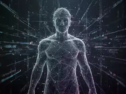 Abstrakte Darstellung digitaler Verwundbarkeit, leuchtende Datenlinien formen eine fragmentierte menschliche Silhouette vor dunklem Hintergrund. - Foto: über boerse-global.de